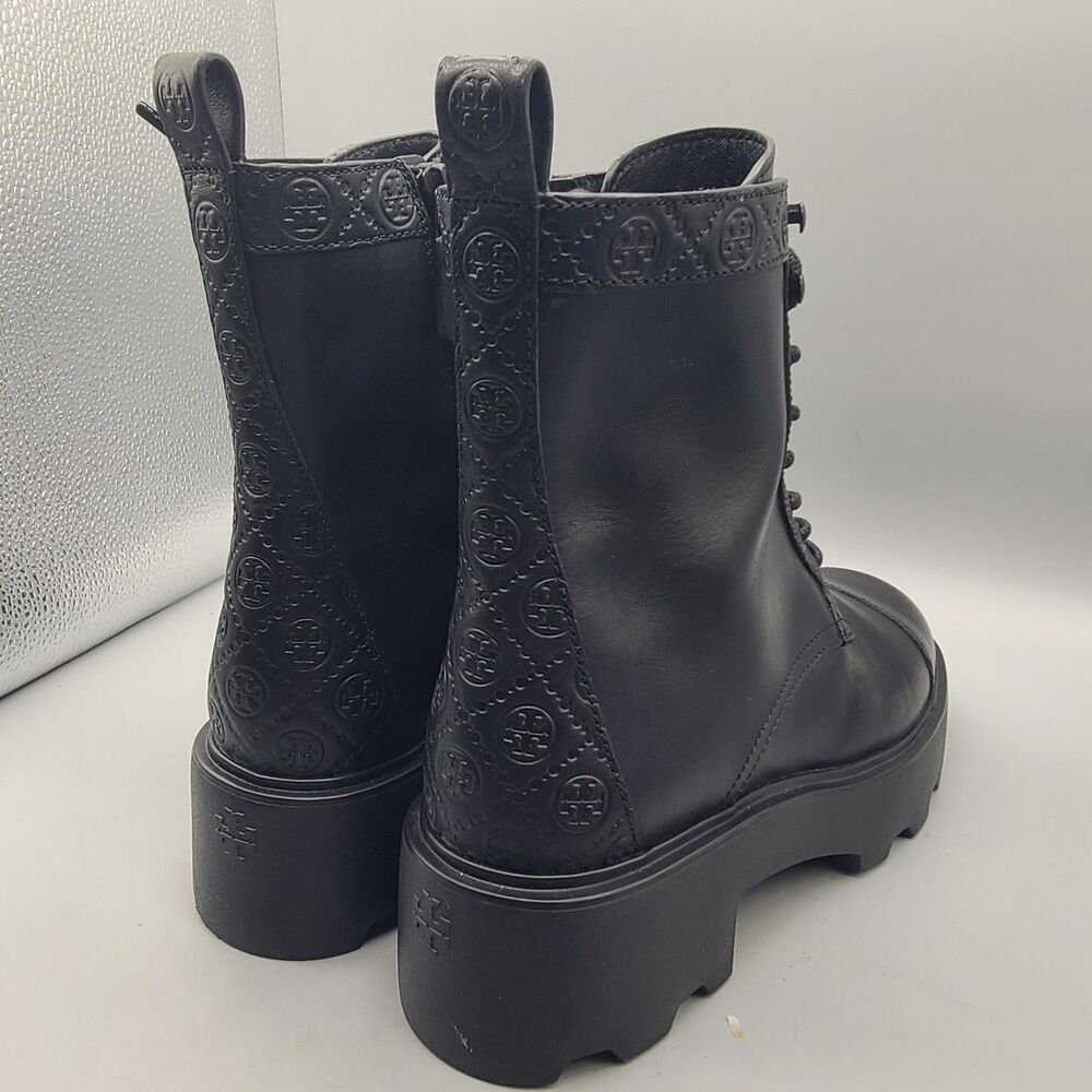 Tory Burch Women's BOOTS Combat  Black leather  T Monogram Lug Ankle  Sz 8.5 NEW - Picture 6 of 11